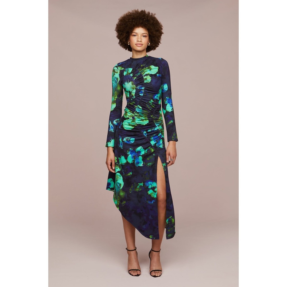 AMUR Milano Floral Print Ruched Midi Dress‎ Sz 6 Long Sleeve Slit Stretch Party